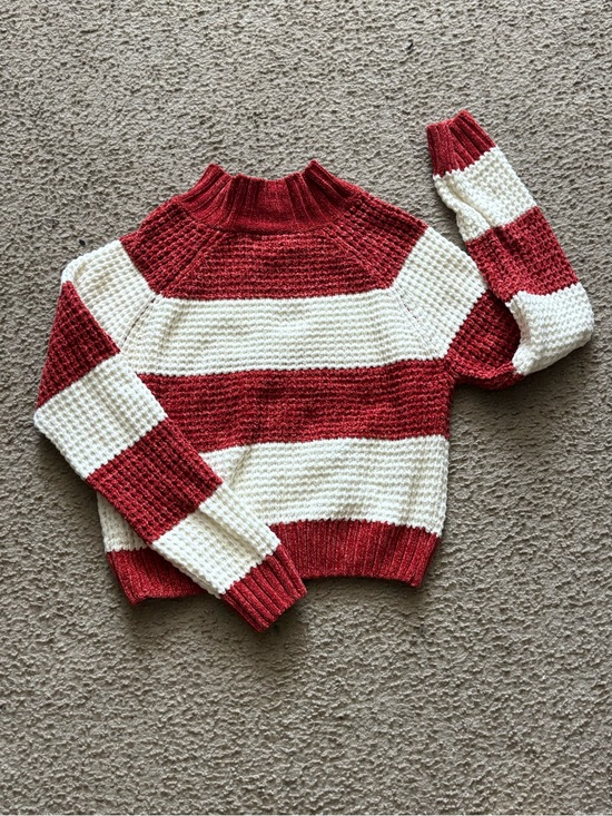Sweaters - Striped Red & White Knit Sweater - Women